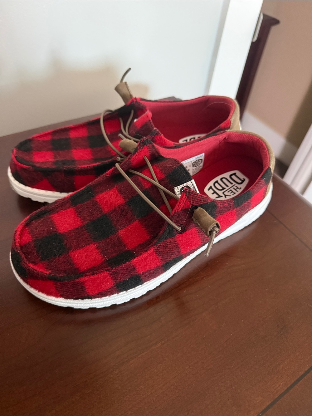 Hey Dude Red & Black Plaid Slip-On Sneakers